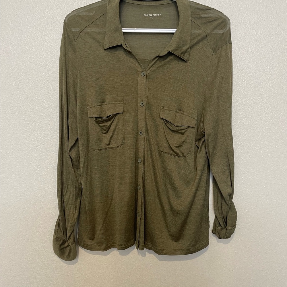 Eileen Fisher Women's Large Green Silk/Cotton Button Down Long Sleeve Top